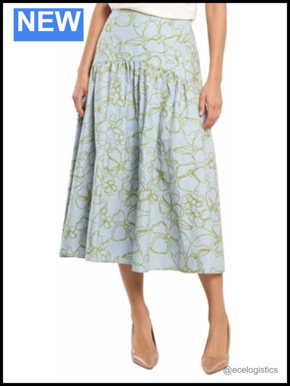 Embroidered Cotton Midi A-Line Skirt with Side Zip